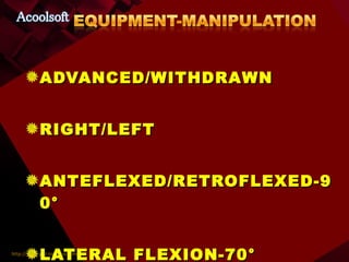 ADVANCED/WITHDRAWN RIGHT/LEFT ANTEFLEXED/RETROFLEXED-90° LATERAL FLEXION-70° 