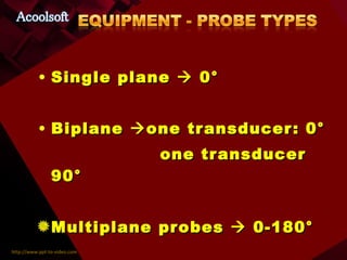 Single plane    0° Biplane   one transducer: 0° one transducer 90° Multiplane probes    0-180° 
