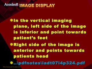 In the vertical imaging plane, left side of the image is inferior and point towards patient’s feet Right side of the image is anterior and points towards patients head ..\pdfnotes\iadt07i4p324.pdf 