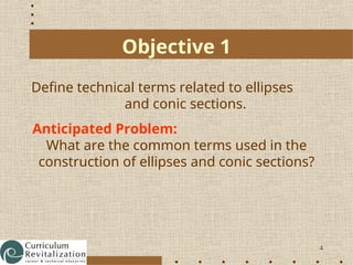 4
Objective 1
Define technical terms related to ellipses
and conic sections.
Anticipated Problem:
What are the common terms used in the
construction of ellipses and conic sections?
 