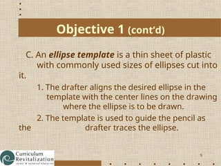 9
Objective 1 (cont’d)
C. An ellipse template is a thin sheet of plastic
with commonly used sizes of ellipses cut into
it.
1. The drafter aligns the desired ellipse in the
template with the center lines on the drawing
where the ellipse is to be drawn.
2. The template is used to guide the pencil as
the drafter traces the ellipse.
 
