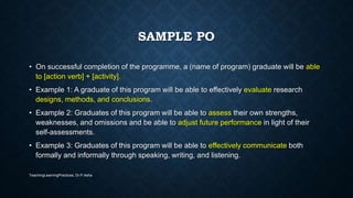 SAMPLE PO
• On successful completion of the programme, a (name of program) graduate will be able
to [action verb] + [activity].
• Example 1: A graduate of this program will be able to effectively evaluate research
designs, methods, and conclusions.
• Example 2: Graduates of this program will be able to assess their own strengths,
weaknesses, and omissions and be able to adjust future performance in light of their
self-assessments.
• Example 3: Graduates of this program will be able to effectively communicate both
formally and informally through speaking, writing, and listening.
TeachingLearningPractices, Dr.P.Asha
 