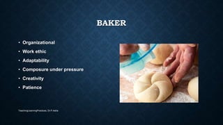 BAKER
• Organizational
• Work ethic
• Adaptability
• Composure under pressure
• Creativity
• Patience
TeachingLearningPractices, Dr.P.Asha
 