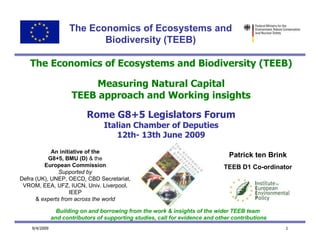 The Economics of Ecosystems and
                            Biodiversity (TEEB)

   The Economics of Ecosystems and Biodiversity (TEEB)

                           Measuring Natural Capital
                      TEEB approach and Working insights

                            Rome G8+5 Legislators Forum
                                  Italian Chamber of Deputies
                                     12th- 13th June 2009
            An initiative of the
           G8+5, BMU (D) & the
                                                                                 Patrick ten Brink
         European Commission                                                   TEEB D1 Co-ordinator
               Supported by
Defra (UK), UNEP, OECD, CBD Secretariat,
 VROM, EEA, UFZ, IUCN, Univ. Liverpool,
                   IEEP
      & experts from across the world

                 Building on and borrowing from the work & insights of the wider TEEB team
               and contributors of supporting studies, call for evidence and other contributions
    9/4/2009                                                                                       1
 