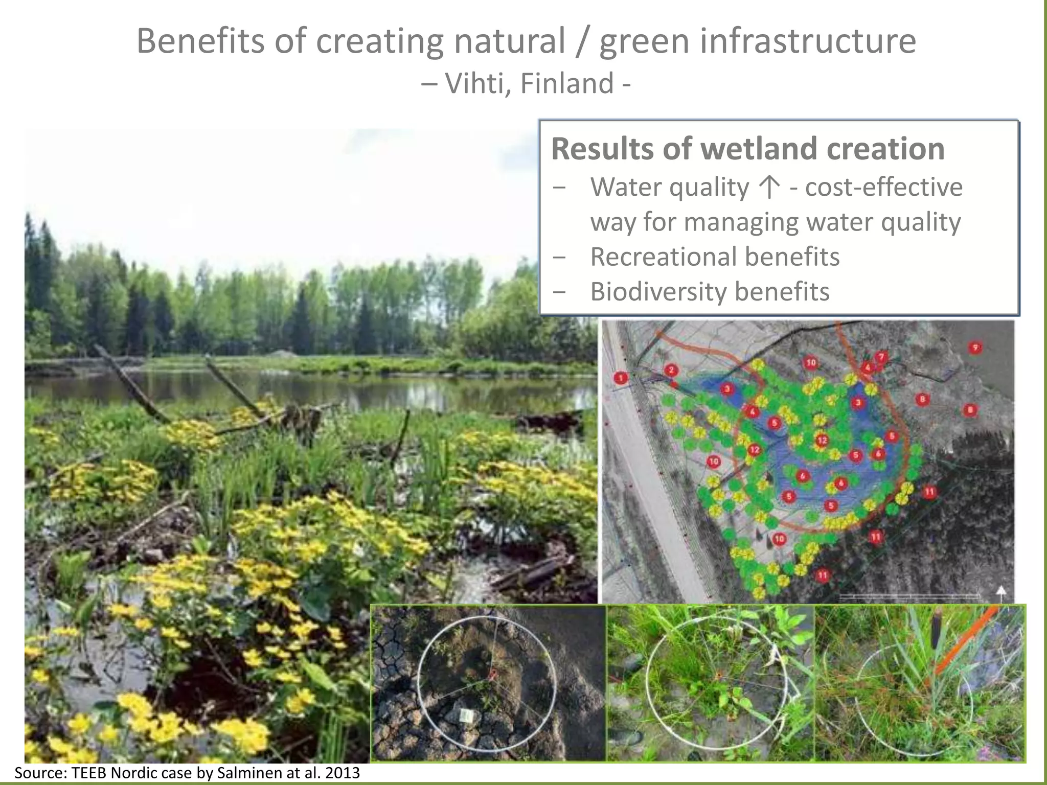 cc

Benefits of creating natural / green infrastructure
– Vihti, Finland -

Results of wetland creation
- Water quality ↑ - cost-effective
way for managing water quality
- Recreational benefits
- Biodiversity benefits

Source: TEEB Nordic case by Salminen at al. 2013

 