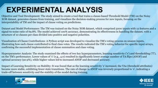 7
EXPERIMENTAL ANALYSIS
Objective and Tool Development: The study aimed to create a tool that trains a clause-based Threshold Model (TM) on the Noisy
XOR dataset, generates clauses from training, and visualizes the decision-making process for new inputs, focusing on the
interpretability of TM and the impact of clause voting on predictions.
Dataset and Model Performance: The TM was trained on the Noisy XOR dataset, which comprised 5000 inputs with 12 features and a
signal-to-noise ratio of 69.8%. The model achieved 100% accuracy, demonstrating its effectiveness in handling the dataset, with a
structure of 10 clauses per class divided into positive and negative polarities.
Visualization of Clause Contributions: A Python script was developed to visualize the TM's voting process on unseen inputs,
illustrating how each clause contributed to final class votes. The results indicated the TM’s voting behavior for specific input arrays,
confirming the successful implementation of clause summation and class voting.
Hyperparameter Analysis: The study examined the effects of two key hyperparameters, learning sensitivity ('s') and thresholding ('T'),
on the TM’s performance. Lower values of 's' (e.g., 4.0) resulted in significantly lower average number of TA flips (ANOF) and
optimal accuracy (90.9%), while higher values led to increased ANOF and decreased accuracy.
Impact of Learning Sensitivity on Stability: It was found that as the learning sensitivity 's' increased, the TAs (threshold attributes)
became more stable, exhibiting fewer state transitions. The rate of change in ANOF was inversely proportional to 's', indicating a
trade-off between sensitivity and the stability of the model during training.
 