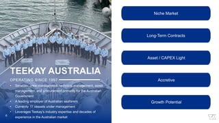 Niche Market
Long-Term Contracts
Asset / CAPEX Light​
TEEKAY AUSTRALIA
OPERATING SINCE 1997
• Services: crew management, technical management, asset
management, and procurement primarily for the Australian
Government
• A leading employer of Australian seafarers
• Currently 11 vessels under management
• Leverages Teekay’s industry expertise and decades of
experience in the Australian market
Accretive
Growth Potential
6
 