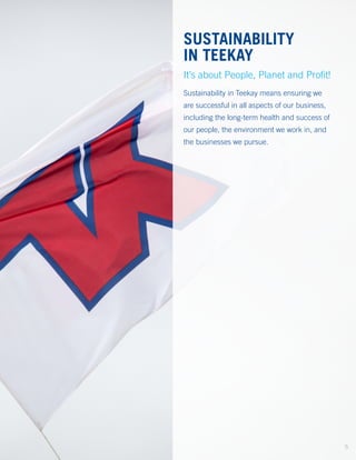 SUSTAINABILITY
IN TEEKAY
It’s about People, Planet and Profit!
Sustainability in Teekay means ensuring we
are successful in all aspects of our business,
including the long-term health and success of
our people, the environment we work in, and
the businesses we pursue.
5
 
