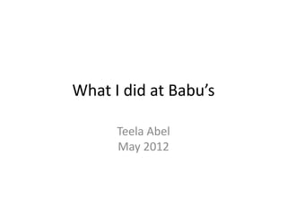 What I did at Babu’s

      Teela Abel
      May 2012
 