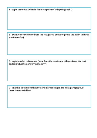 T	
  -­‐	
  topic	
  sentence	
  (what	
  is	
  the	
  main	
  point	
  of	
  this	
  paragraph?)	
  




          	
  
E	
  -­‐	
  example	
  or	
  evidence	
  from	
  the	
  text	
  (use	
  a	
  quote	
  to	
  prove	
  the	
  point	
  that	
  you	
  
want	
  to	
  make)	
  




E	
  -­‐	
  explain	
  what	
  this	
  means	
  (how	
  does	
  the	
  quote	
  or	
  evidence	
  from	
  the	
  text	
  
back	
  up	
  what	
  you	
  are	
  trying	
  to	
  say?)	
  




L	
  -­‐	
  link	
  this	
  to	
  the	
  idea	
  that	
  you	
  are	
  introducing	
  in	
  the	
  next	
  paragraph,	
  if	
  
there	
  is	
  one	
  to	
  follow	
  
 