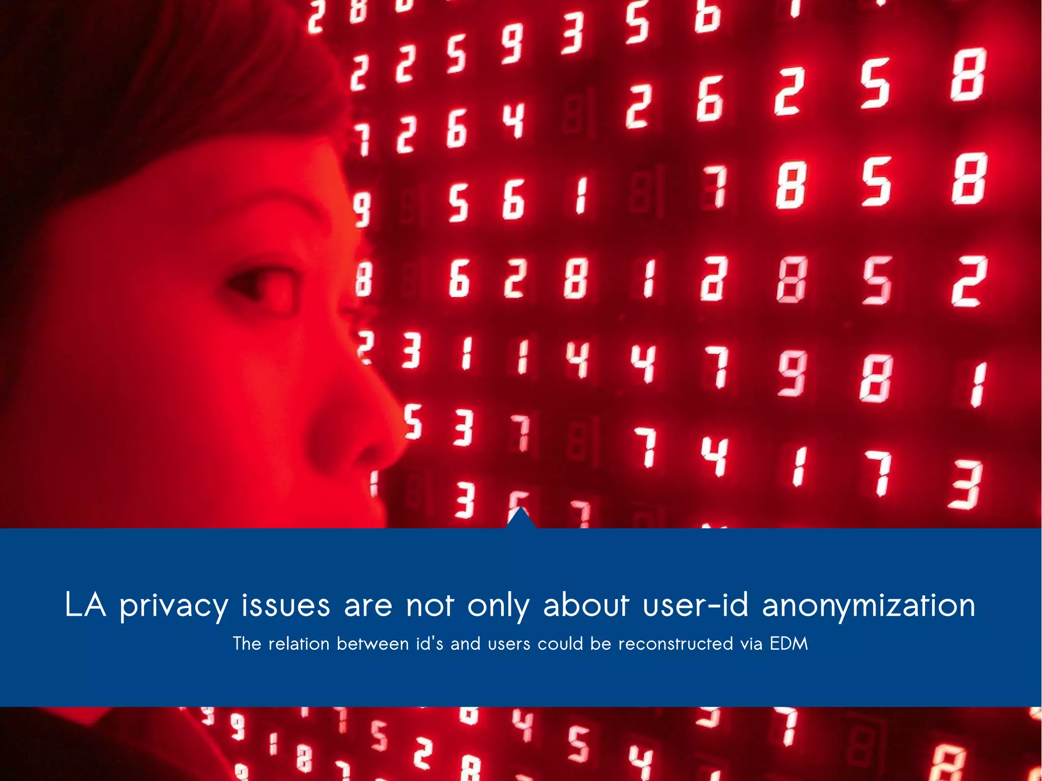 LA privacy issues are not only about user-id anonymization 
The relation between id's and users could be reconstructed via EDM 
 