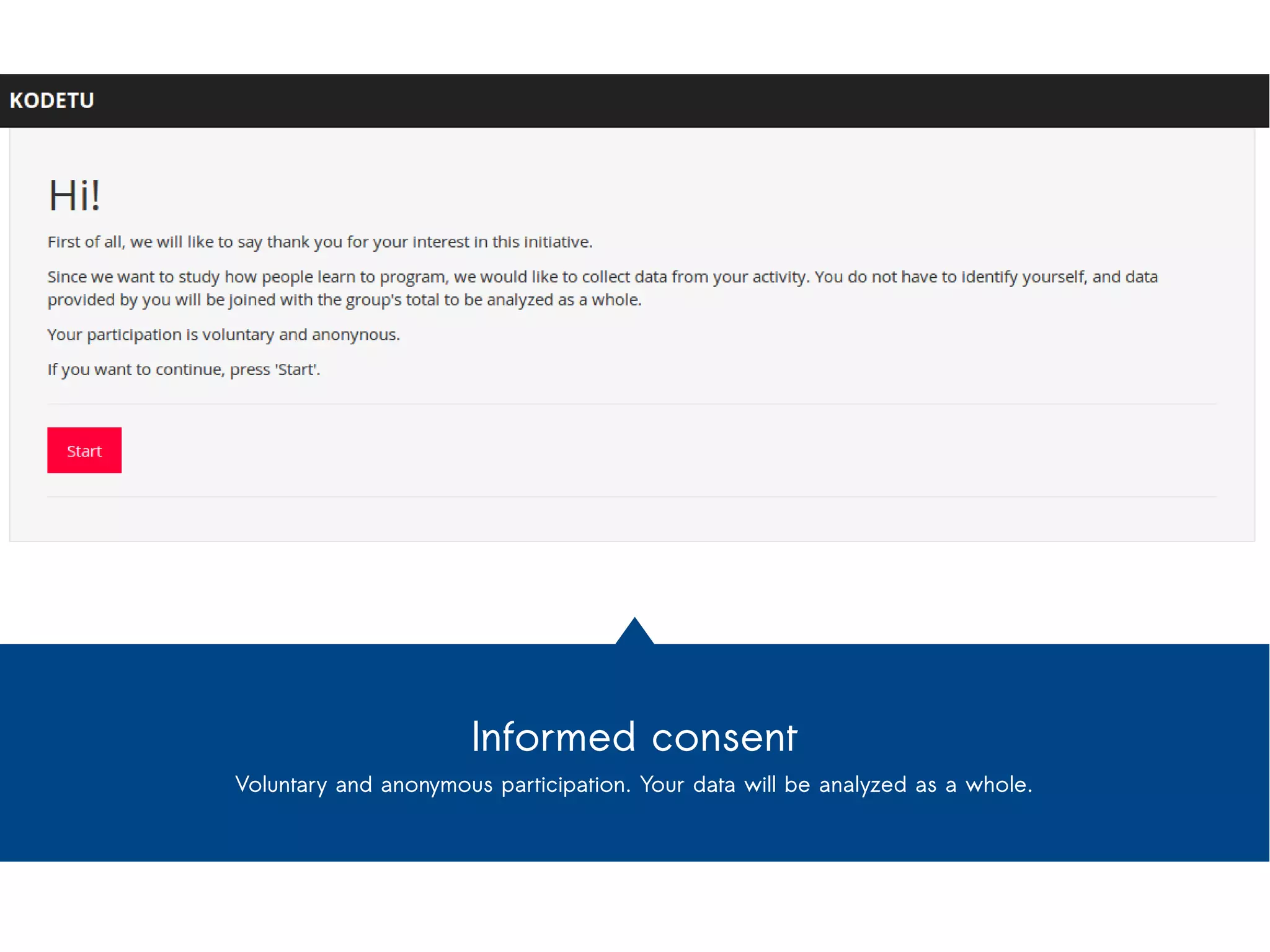 Informed consent 
Voluntary and anonymous participation. Your data will be analyzed as a whole. 
 