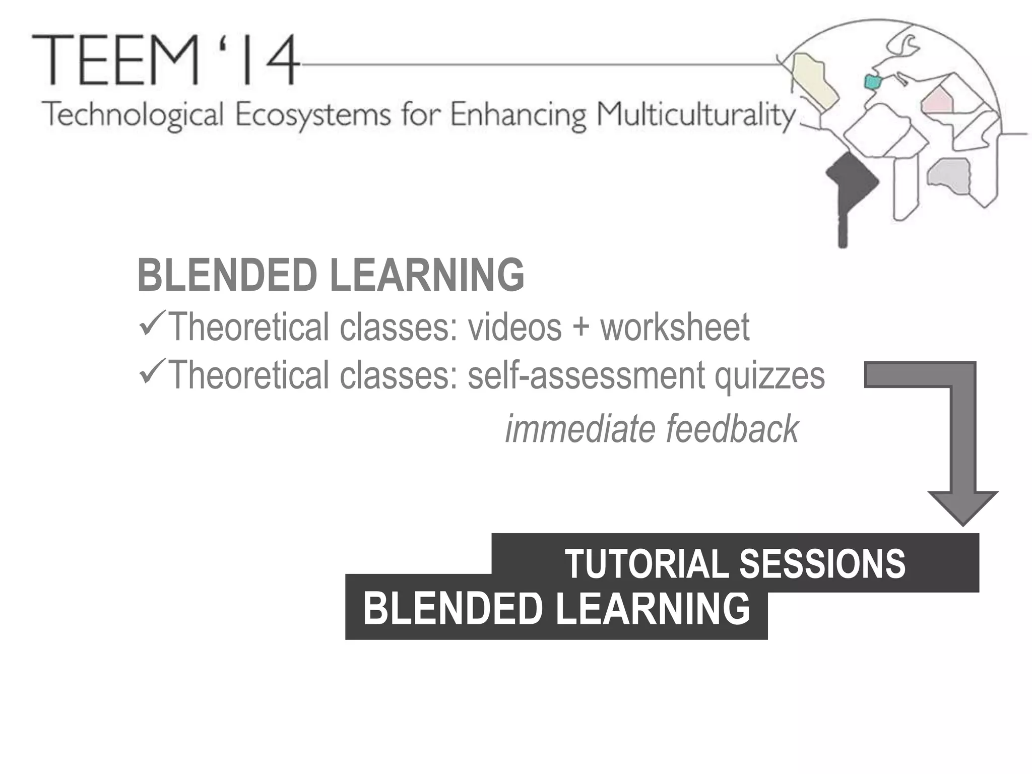 BLENDED LEARNING 
Theoretical classes: videos + worksheet 
Theoretical classes: self-assessment quizzes 
immediate feedback 
TUTORIAL SESSIONS 
BLENDED LEARNING 
 