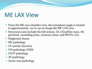 ME LAX View
 From the ME two-chamber view, the transducer angle is rotated
to approximately 120 to 140 to image the ME LAX view.
 Structures seen include the left atrium, LV, LVoutflow tract, AV,
proximal ascending aorta, coronary sinus, and MV(P2-A2).
 Diagnostic Issues
 MV pathology
 LV systolic function
 IVS pathology (VSD)
 LVOT pathology
 AV pathology
 Aortic root pathology
 