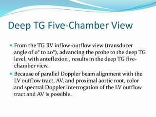 Deep TG Five-Chamber View
 From the TG RV inflow-outflow view (transducer
angle of 0° to 20°), advancing the probe to the deep TG
level, with anteflexion , results in the deep TG five-
chamber view.
 Because of parallel Doppler beam alignment with the
LV outflow tract, AV, and proximal aortic root, color
and spectral Doppler interrogation of the LV outflow
tract and AV is possible.
 