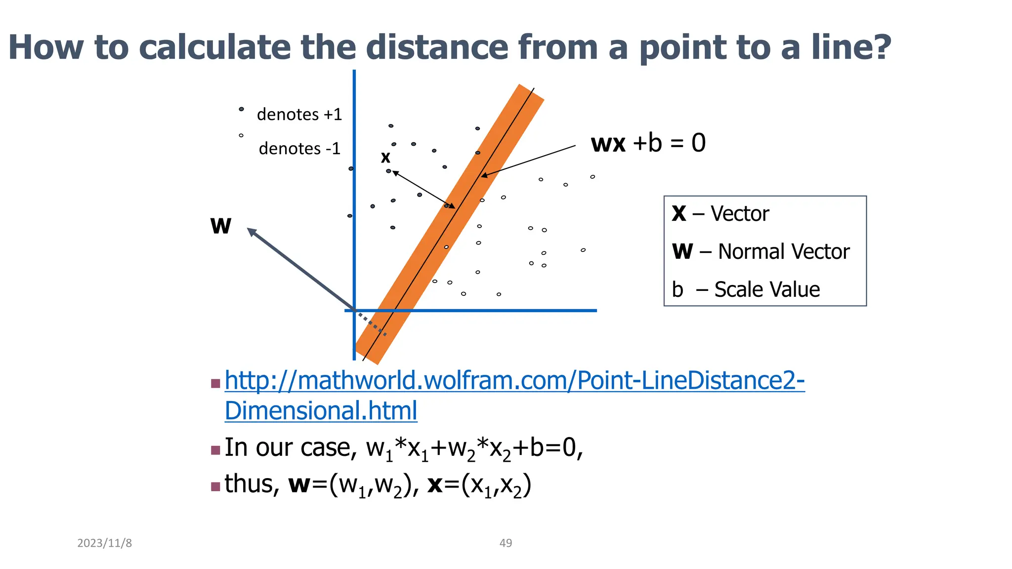 2023/11/8 49
How to calculate the distance from a point to a line?
◼ http://mathworld.wolfram.com/Point-LineDistance2-
Dimensional.html
◼ In our case, w1*x1+w2*x2+b=0,
◼ thus, w=(w1,w2), x=(x1,x2)
denotes +1
denotes -1 x
wx +b = 0
X – Vector
W – Normal Vector
b – Scale Value
W
 