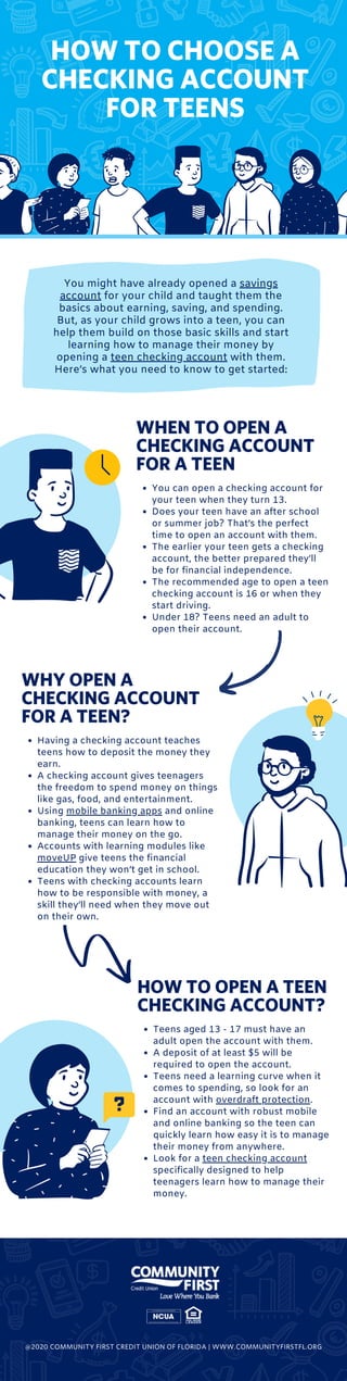 WHEN TO OPEN A
CHECKING ACCOUNT
FOR A TEEN
You can open a checking account for
your teen when they turn 13.
Does your teen have an after school
or summer job? That’s the perfect
time to open an account with them.
The earlier your teen gets a checking
account, the better prepared they’ll
be for financial independence.
The recommended age to open a teen
checking account is 16 or when they
start driving.
Under 18? Teens need an adult to
open their account.
HOW TO OPEN A TEEN
CHECKING ACCOUNT?
Teens aged 13 - 17 must have an
adult open the account with them.
A deposit of at least $5 will be
required to open the account.
Teens need a learning curve when it
comes to spending, so look for an
account with overdraft protection.
Find an account with robust mobile
and online banking so the teen can
quickly learn how easy it is to manage
their money from anywhere.
Look for a teen checking account
specifically designed to help
teenagers learn how to manage their
money.
WHY OPEN A
CHECKING ACCOUNT
FOR A TEEN?
Having a checking account teaches
teens how to deposit the money they
earn.
A checking account gives teenagers
the freedom to spend money on things
like gas, food, and entertainment.
Using mobile banking apps and online
banking, teens can learn how to
manage their money on the go.
Accounts with learning modules like
moveUP give teens the financial
education they won’t get in school.
Teens with checking accounts learn
how to be responsible with money, a
skill they’ll need when they move out
on their own.
You might have already opened a savings
account for your child and taught them the
basics about earning, saving, and spending.
But, as your child grows into a teen, you can
help them build on those basic skills and start
learning how to manage their money by
opening a teen checking account with them.
Here’s what you need to know to get started:
HOW TO CHOOSE A
CHECKING ACCOUNT
FOR TEENS
@2020 COMMUNITY FIRST CREDIT UNION OF FLORIDA | WWW.COMMUNITYFIRSTFL.ORG
 