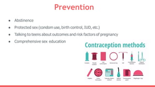 ● Abstinence
● Protected sex (condom use, birth control, IUD, etc.)
● Talking to teens about outcomes and risk factors of ...