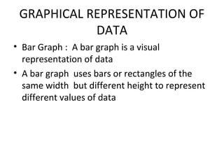 GRAPHICAL REPRESENTATION OF
DATA
• Bar Graph : A bar graph is a visual
representation of data
• A bar graph uses bars or rectangles of the
same width but different height to represent
different values of data
 