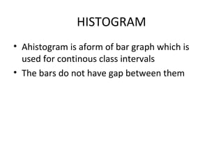 HISTOGRAM
• Ahistogram is aform of bar graph which is
used for continous class intervals
• The bars do not have gap between them
 