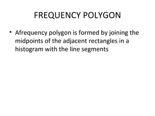 FREQUENCY POLYGON
• Afrequency polygon is formed by joining the
midpoints of the adjacent rectangles in a
histogram with the line segments
 