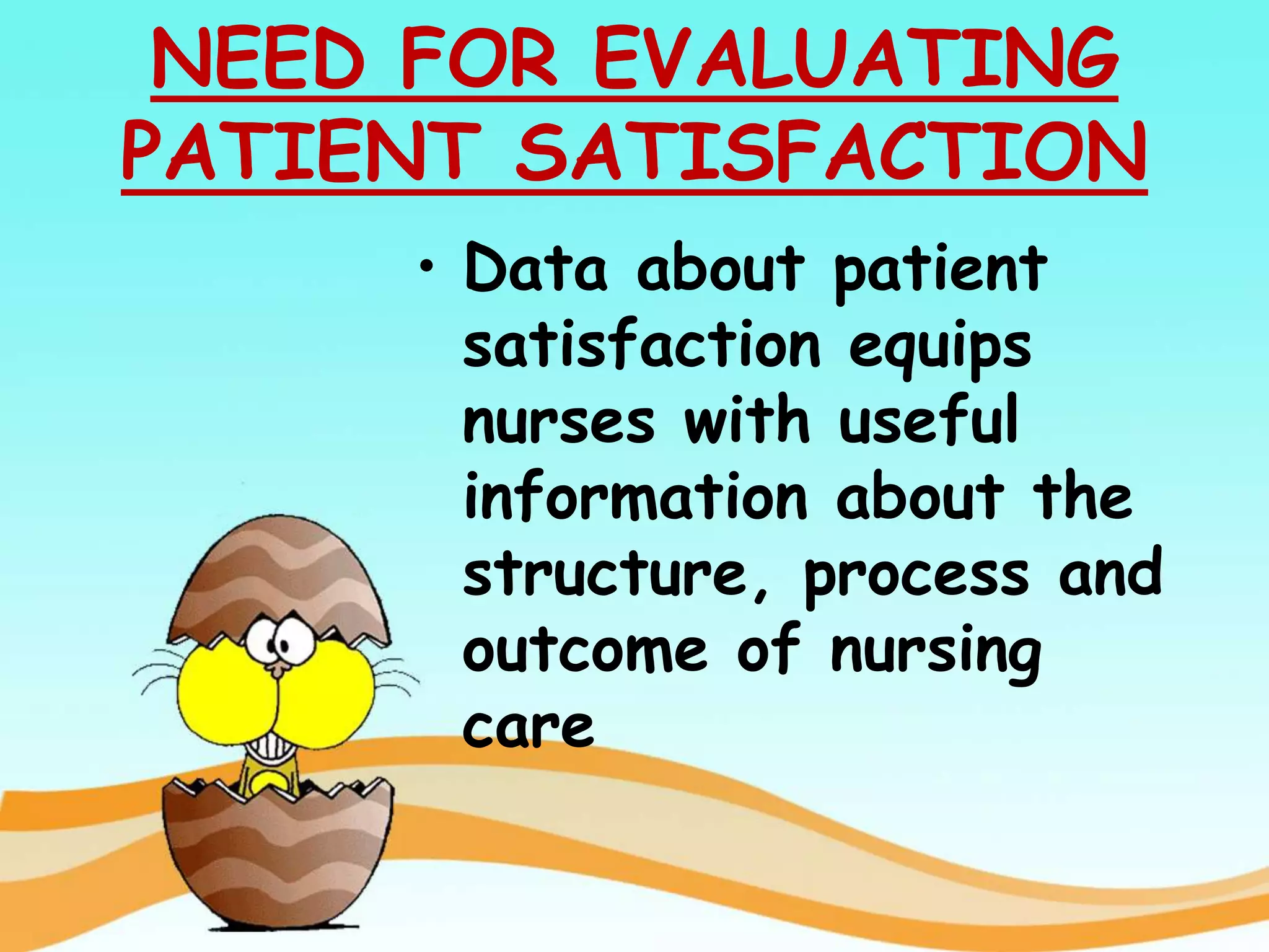 NEED FOR EVALUATING
PATIENT SATISFACTION
• Data about patient
satisfaction equips
nurses with useful
information about the
structure, process and
outcome of nursing
care
 