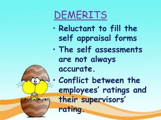 DEMERITS
• Reluctant to fill the
self appraisal forms
• The self assessments
are not always
accurate.
• Conflict between the
employees’ ratings and
their supervisors’
rating.
 