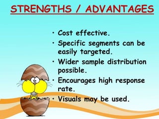 STRENGTHS / ADVANTAGES
• Cost effective.
• Specific segments can be
easily targeted.
• Wider sample distribution
possible.
• Encourages high response
rate.
• Visuals may be used.
 