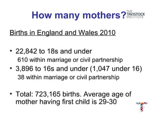 How many mothers?
Births in England and Wales 2010

• 22,842 to 18s and under
  610 within marriage or civil partnership
• 3,896 to 16s and under (1,047 under 16)
  38 within marriage or civil partnership

• Total: 723,165 births. Average age of
  mother having first child is 29-30
 