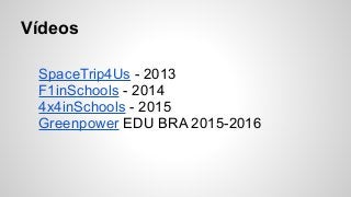 SpaceTrip4Us - 2013
F1inSchools - 2014
4x4inSchools - 2015
Greenpower EDU BRA 2015-2016
Vídeos
 