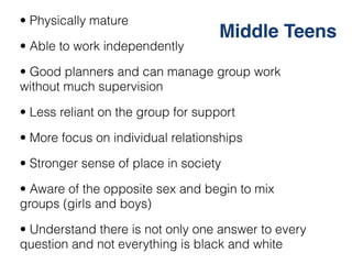 • Physically mature
                                    Middle Teens
• Able to work independently

• Good planners and can...