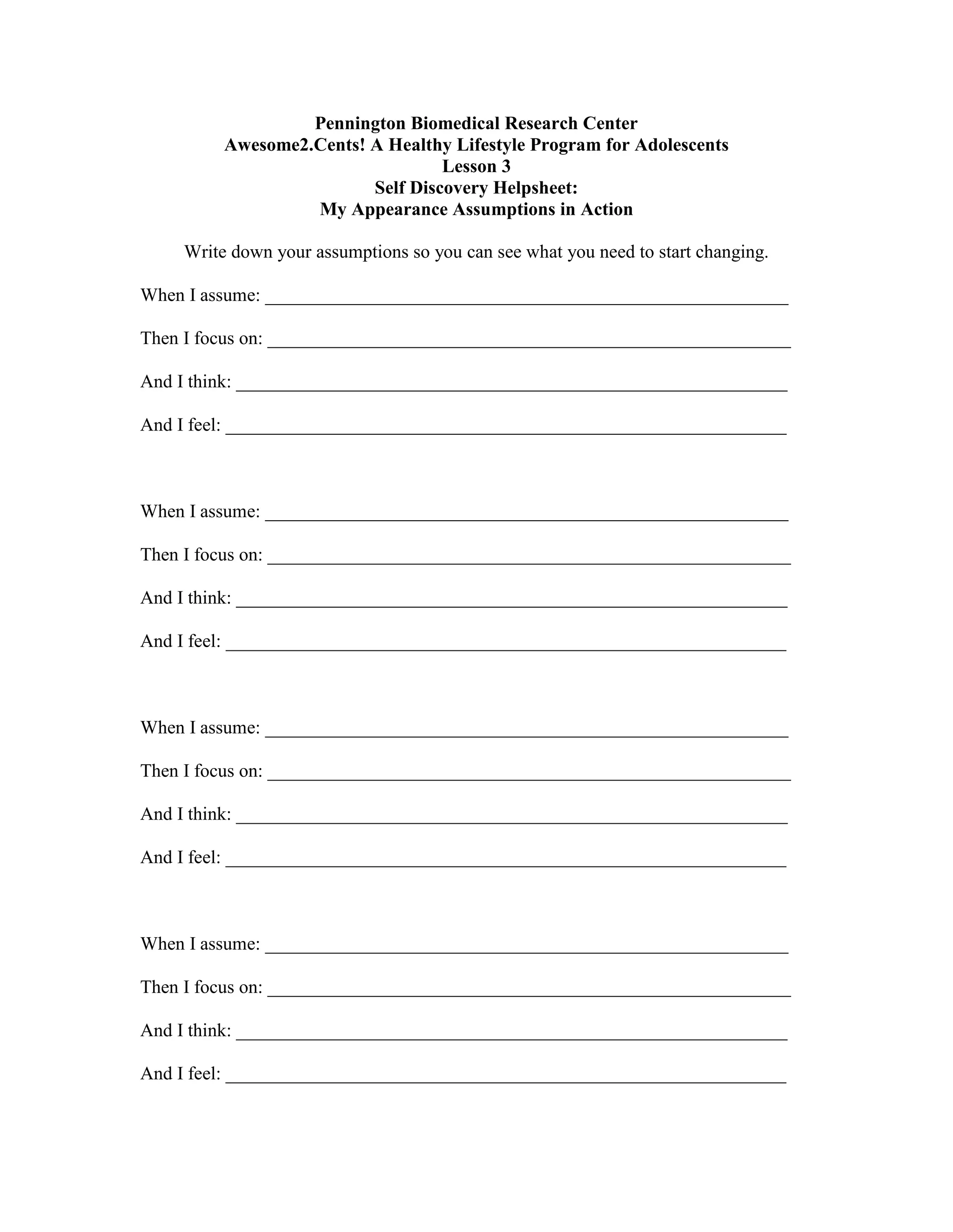 Teen curriculum Unit 3 my appearance assumptions in action | PDF