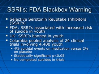 SSRI’s: FDA Blackbox WarningSSRI’s: FDA Blackbox Warning
 Selective Serotonin Reuptake InhibitorsSelective Serotonin Reup...