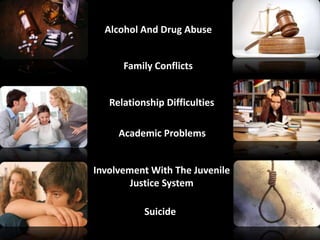 Alcohol And Drug Abuse
Academic Problems
Family Conflicts
Involvement With The Juvenile
Justice System
Suicide
Relationship Difficulties
 