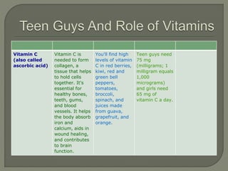 Vitamin E Vitamin E is
an antioxidant
and helps
protect cells
from damage.
It is also
important for
the health of
red bloo...