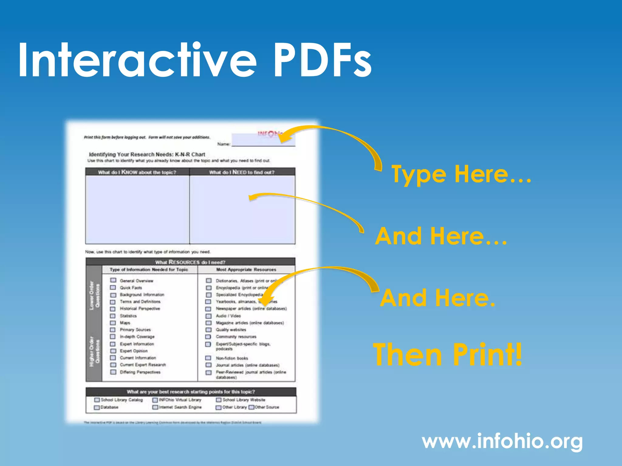 Interactive PDFs

                    Type Here…

                   And Here…

                   And Here.

               Then Print!

                      www.infohio.org
 
