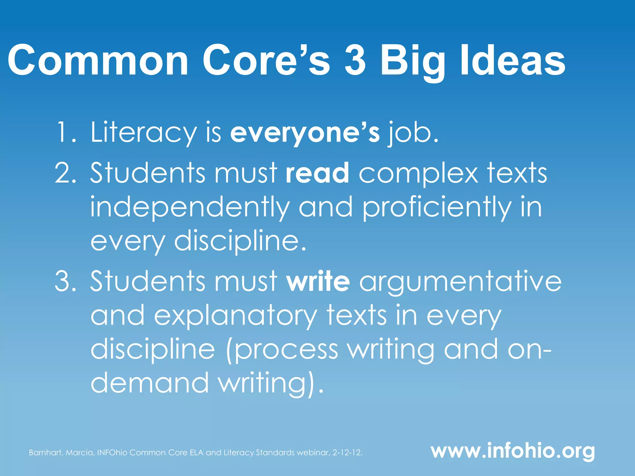 Common Core’s 3 Big Ideas
       1. Literacy is everyone’s job.
       2. Students must read complex texts
          independently and proficiently in
          every discipline.
       3. Students must write argumentative
          and explanatory texts in every
          discipline (process writing and on-
          demand writing).

 Barnhart, Marcia, INFOhio Common Core ELA and Literacy Standards webinar, 2-12-12.   www.infohio.org
 