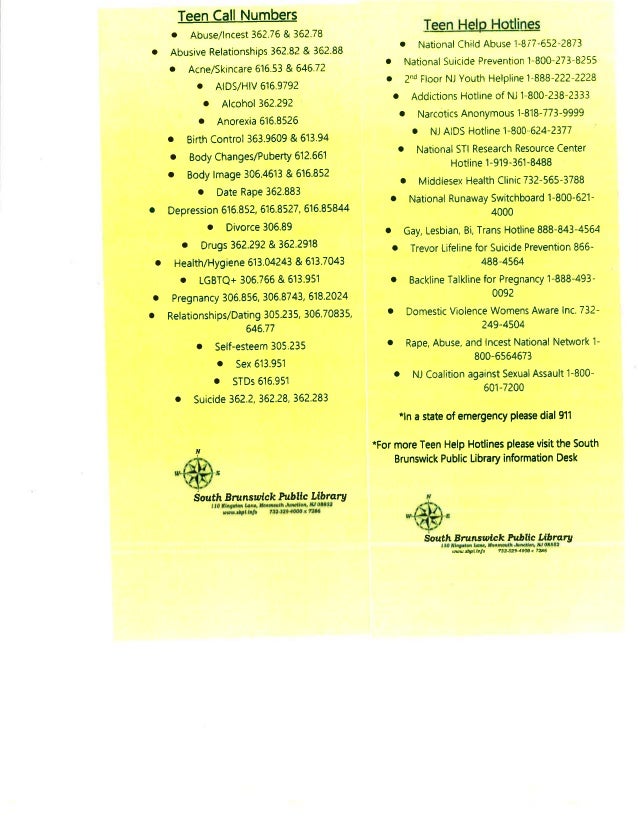 Teen mental health library call numbers and phone numbers