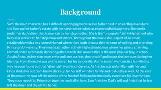 Background
Sam, the main character, has a difﬁcult upbringing because her father died in an earthquake where
she lives on ...