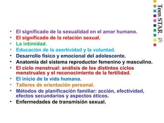 • El significado de la sexualidad en el amor humano.
• El significado de la relación sexual.
• La intimidad.
• Educación de la asertividad y la voluntad.
• Desarrollo físico y emocional del adolescente.
• Anatomía del sistema reproductor femenino y masculino.
• El ciclo menstrual: análisis de los distintos ciclos
menstruales y el reconocimiento de la fertilidad.
• El inicio de la vida humana.
• Talleres de orientación personal.
• Métodos de planificación familiar: acción, efectividad,
efectos secundarios y aspectos éticos.
• Enfermedades de transmisión sexual.
 