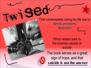 The book serves as a great sign of hope, and that suicide is not the answer Tyler contemplates taking his life due to  family problems Rejection Which relates back to the common causes of suicide T w i s t e d 