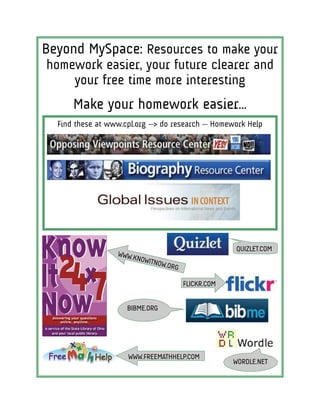 Beyond MySpace: Resources to make your
homework easier, your future clearer and
    your free time more interesting
      Make your homework easier...
  Find these at www.cpl.org —> do research — Homework Help




                                                          QUIZLET.COM
                  WWW.K
                        NOW   ITNOW
                                   .   ORG

                                             FLICKR.COM


                     BIBME.ORG




                     WWW.FREEMATHHELP.COM
                                                          WORDLE.NET
 
