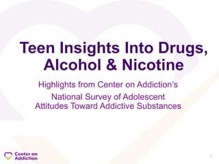 Highlights from Center on Addiction’s
National Survey of Adolescent
Attitudes Toward Addictive Substances
Teen Insights Into Drugs,
Alcohol & Nicotine
1
 
