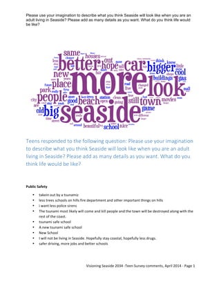 Please use your imagination to describe what you think Seaside will look like when you are an
adult living in Seaside? Please add as many details as you want. What do you think life would
be like?	
  
	
  
Visioning	
  Seaside	
  2034	
  -­‐Teen	
  Survey	
  comments,	
  April	
  2014	
  -­‐	
  Page	
  1	
  
	
  
  
  
Teens  responded  to  the  following  question:  Please  use  your  imagination  
to  describe  what  you  think  Seaside  will  look  like  when  you  are  an  adult  
living  in  Seaside?  Please  add  as  many  details  as  you  want.  What  do  you  
think  life  would  be  like?  
	
  
	
  
Public	
  Safety	
  
• takein	
  out	
  by	
  a	
  tsunamiz	
  
• less	
  trees	
  schools	
  on	
  hills	
  fire	
  department	
  and	
  other	
  important	
  things	
  on	
  hills	
  
• i	
  want	
  less	
  police	
  sirens	
  
• The	
  tsunami	
  most	
  likely	
  will	
  come	
  and	
  kill	
  people	
  and	
  the	
  town	
  will	
  be	
  destroyed	
  along	
  with	
  the	
  
rest	
  of	
  the	
  coast.	
  
• tsunami	
  safe	
  school	
  
• A	
  new	
  tsunami	
  safe	
  school	
  
• New	
  School	
  
• I	
  will	
  not	
  be	
  living	
  in	
  Seaside.	
  Hopefully	
  stay	
  coastal,	
  hopefully	
  less	
  drugs.	
  
• safer	
  driving,	
  more	
  jobs	
  and	
  better	
  schools	
  
	
  
	
  
 