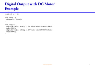 const int s1 = 14;
void setup() {
pinMode(s1, OUTPUT);
}
void loop() {
digitalWrite(s1, HIGH); // On motor via BJT/MOSFET/Relay
delay(5000);
digitalWrite(s1, LOW ); // Off motor via BJT/MOSFET/Relay
delay(5000);
}
 