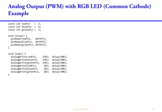 const int redPin = 3;
const int bluePin = 4;
const int greenPin = 5;
void setup() {
pinMode(redPin, OUTPUT);
pinMode(bluePin, OUTPUT);
pinMode(greenPin, OUTPUT);
}
void loop() {
analogWrite(redPin, 250); delay(500);
analogWrite(bluePin, 250); delay(500);
analogWrite(greenPin, 250); delay(500);
analogWrite(redPin, 20); delay(500);
analogWrite(bluePin, 20); delay(500);
analogWrite(greenPin, 20); delay(500);
}
 