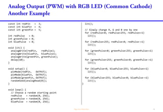 const int redPin = 3;
const int bluePin = 4;
const int greenPin = 5;
int redPulse = 0;
int greenPulse = 0;
int bluePulse = 0;
void lit() {
analogWrite(redPin, redPulse);
analogWrite(bluePin, bluePulse);
analogWrite(greenPin, greenPulse);
delay(10);
}
void setup() {
pinMode(redPin, OUTPUT);
pinMode(bluePin, OUTPUT);
pinMode(greenPin, OUTPUT);
randomSeed(analogRead(0));
}
void loop() {
// Choose a random starting point
redPulse = random(0, 256);
greenPulse = random(0, 256);
bluePulse = random(0, 256);
lit();
// Slowly change R, G and B one by one
for (redPulse=0; redPulse<255; redPulse+=1)
lit();
for (redPulse=255; redPulse>0; redPulse-=1)
lit();
for (greenPulse=0; greenPulse<255; greenPulse+=1)
lit();
for (greenPulse=255; greenPulse>0; greenPulse-=1)
lit();
for (bluePulse=0; bluePulse<255; bluePulse+=1)
lit();
for (bluePulse=255; bluePulse>0; bluePulse-=1)
lit();
}
 