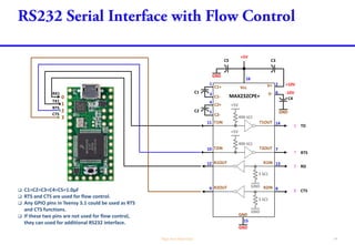 

Serial Port Rx
(Input to Teensy)
Tx
(Output from Teensy)
RTS
(Output from Teensy)
CTS
(Input to Teensy)
Serial1 Pin 0 Pin 1 Any GPIO pin Pin 18 or Pin 20
Serial2 Pin 9 Pin 10 Any GPIO pin Pin 23
Serial3 Pin 7 Pin 8 Any GPIO pin Pin 14
Serial4 Pin 31 Pin 32 Any GPIO pin NA
Serial5 Pin 34 Pin 35 Any GPIO pin Pin 24
Serial6 Pin 47 Pin 48 Any GPIO pin Pin 56
 