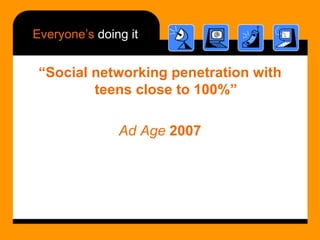 Everyone’s  doing it <ul><li>“ Social networking penetration with teens close to 100%” </li></ul><ul><li>Ad Age  2007 </li...