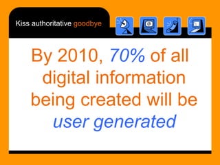 Kiss authoritative  goodbye <ul><li>By 2010,  70%  of all digital information being created will be  user generated </li><...